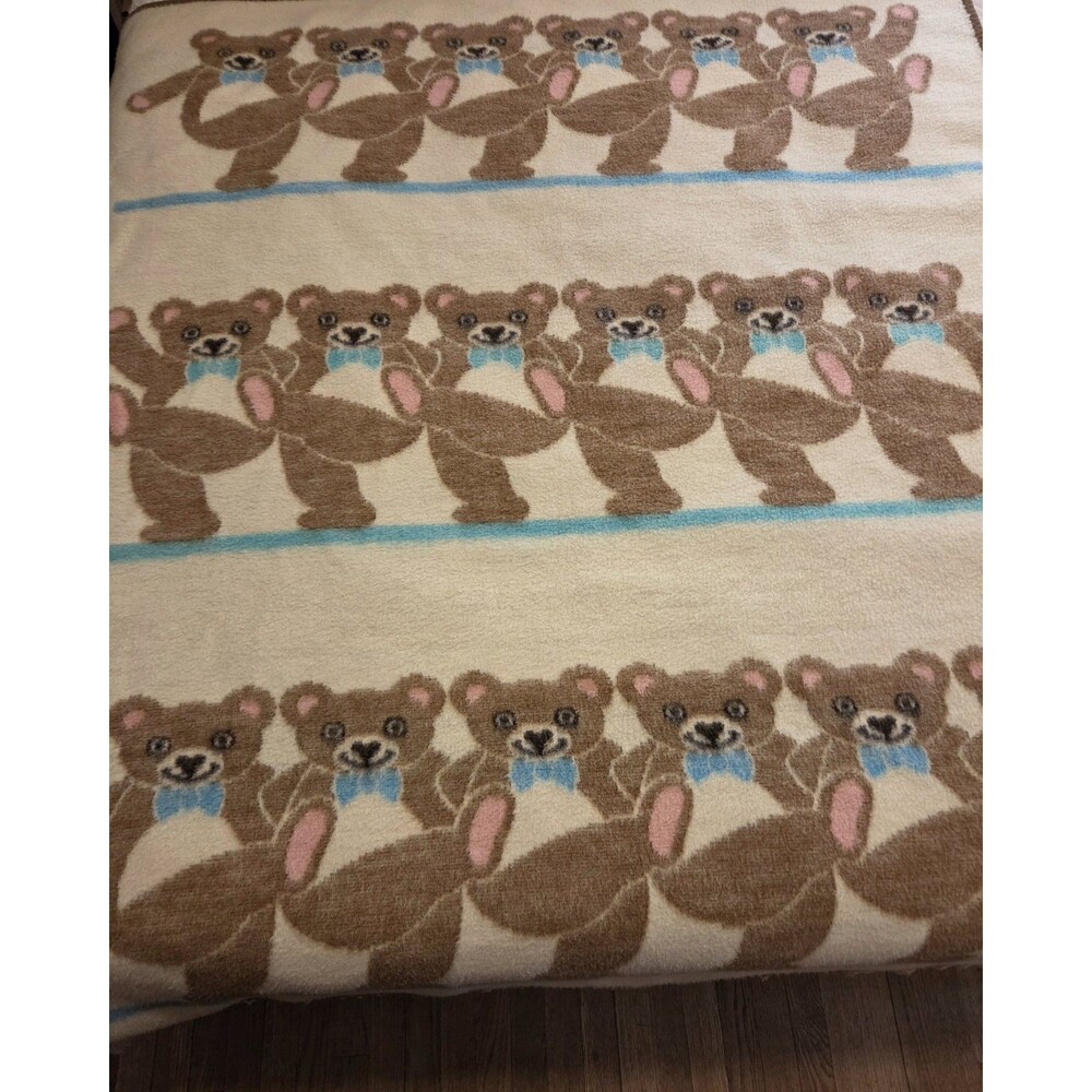 Vintage Biederlack Dancing Teddy Bear Blanket Fleece Reversible Brown Cream USA